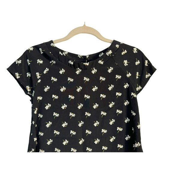 Lush Black Daisy Floral Button-Back Blouse Silky Poly Short Cap Raglan Sleeve XS - Picture 2 of 6